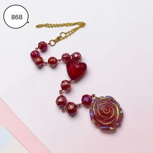 Handmade Red Heart Car Charm with Rose Pendant